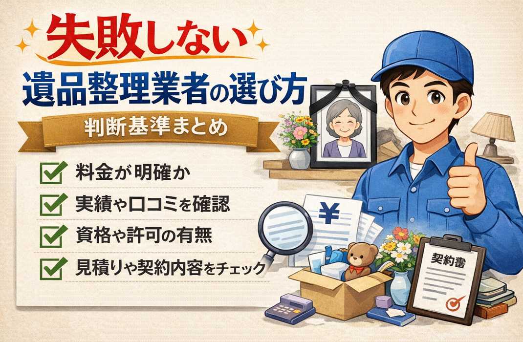 失敗しない遺品整理業者の選び方を判断基準ごとに整理したイメージ