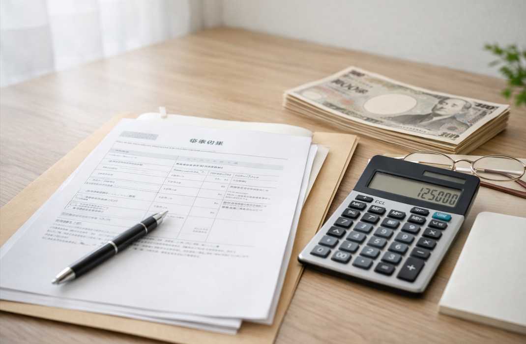 遺品整理の費用や相場を考えるための見積書と電卓、現金が並んだ机の写真