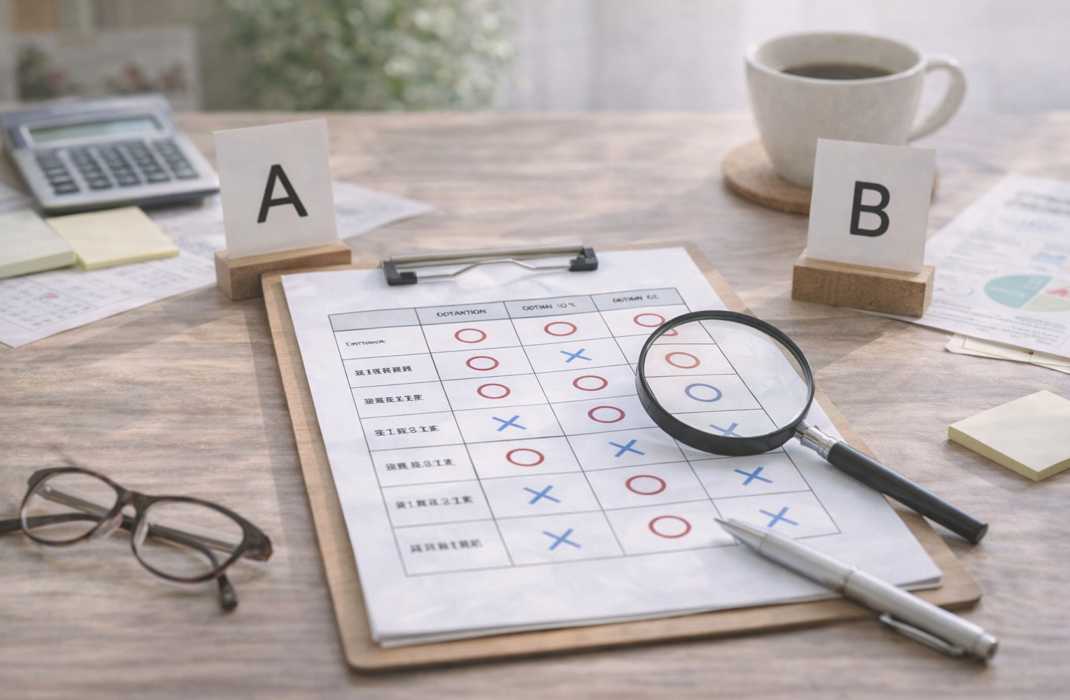 遺品整理業者を比較する際の判断軸を整理するイメージ