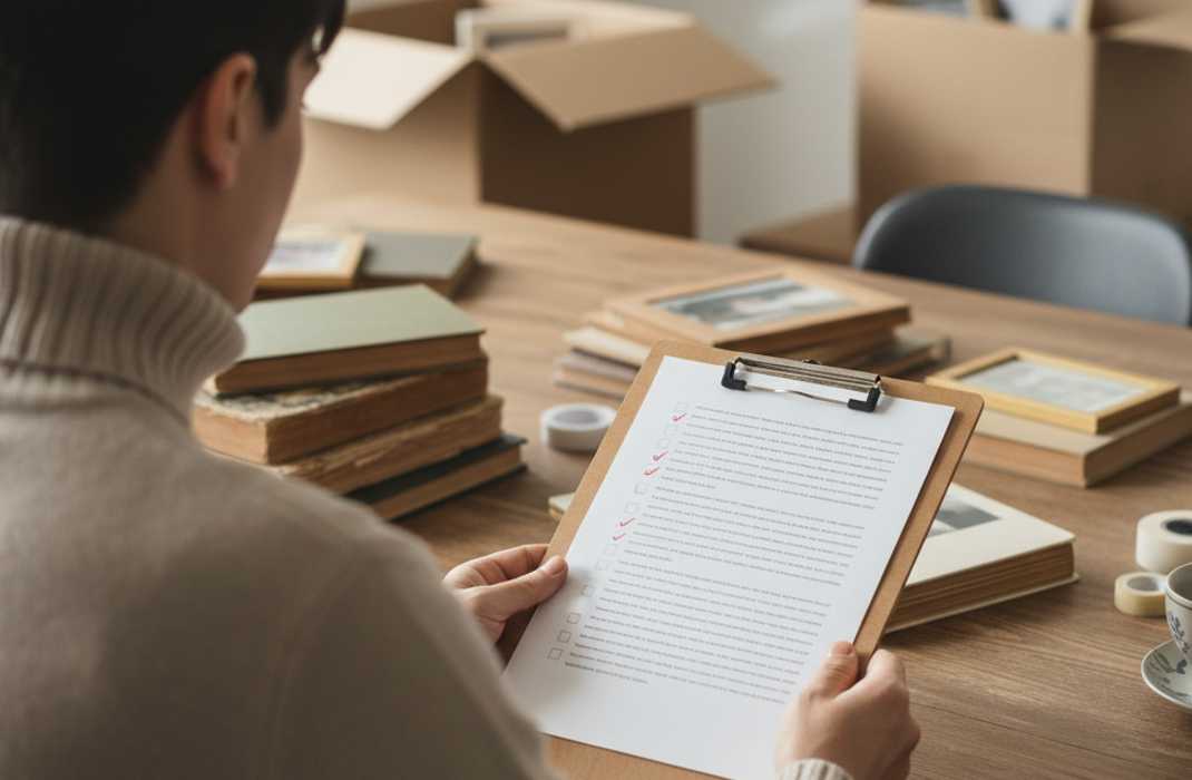 遺品整理のチェックリストを手元で確認している様子