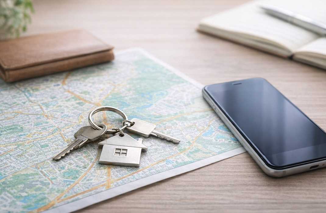 地図の上に置かれた鍵とスマートフォン
