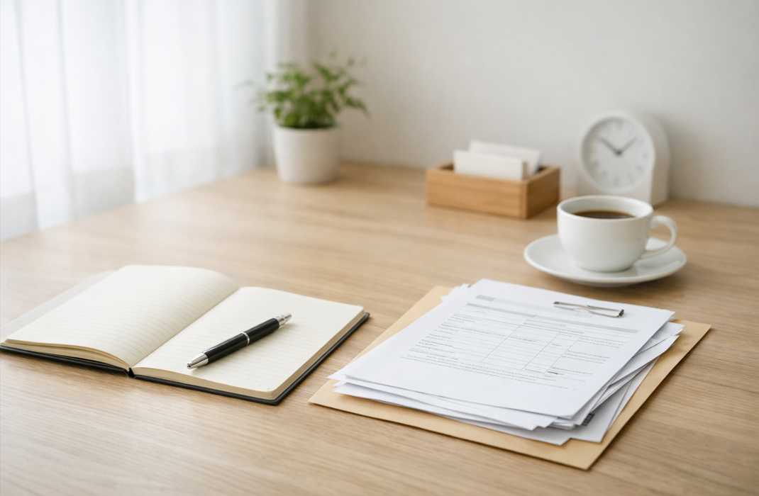 遺品整理を始める前に、判断の順番を整理するための書類とノートが置かれた机の写真