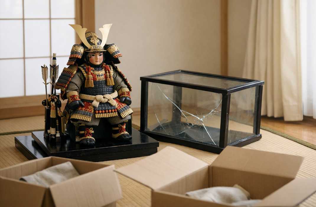 ガラスケースが割れた五月人形と処分に迷う状況のイメージ