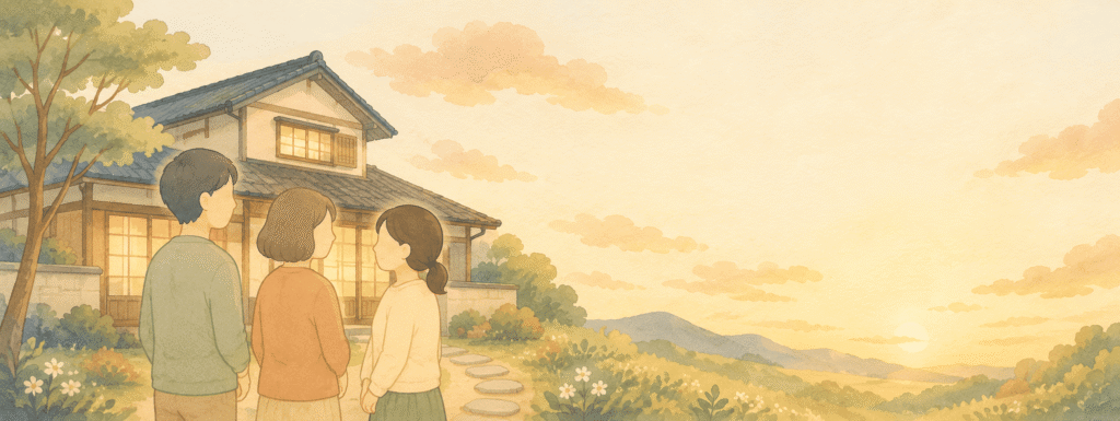 夕暮れの実家の前で寄り添う家族のイラスト