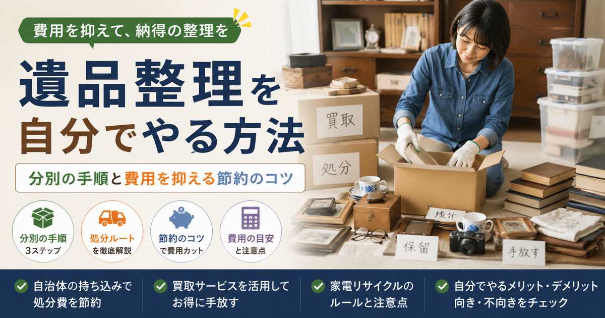 遺品整理を自分で行うために、遺品を分別しながら段ボールへ整理している様子