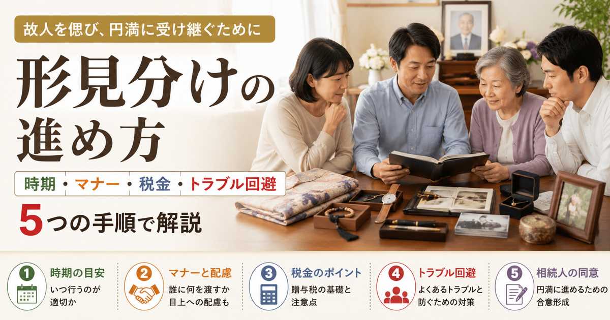 故人の思い出の品を前に、家族が形見分けについて話し合っている様子